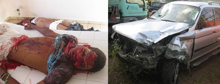 En la foto aparecen dos de los muertos y la jeepeta con la que chocaron.